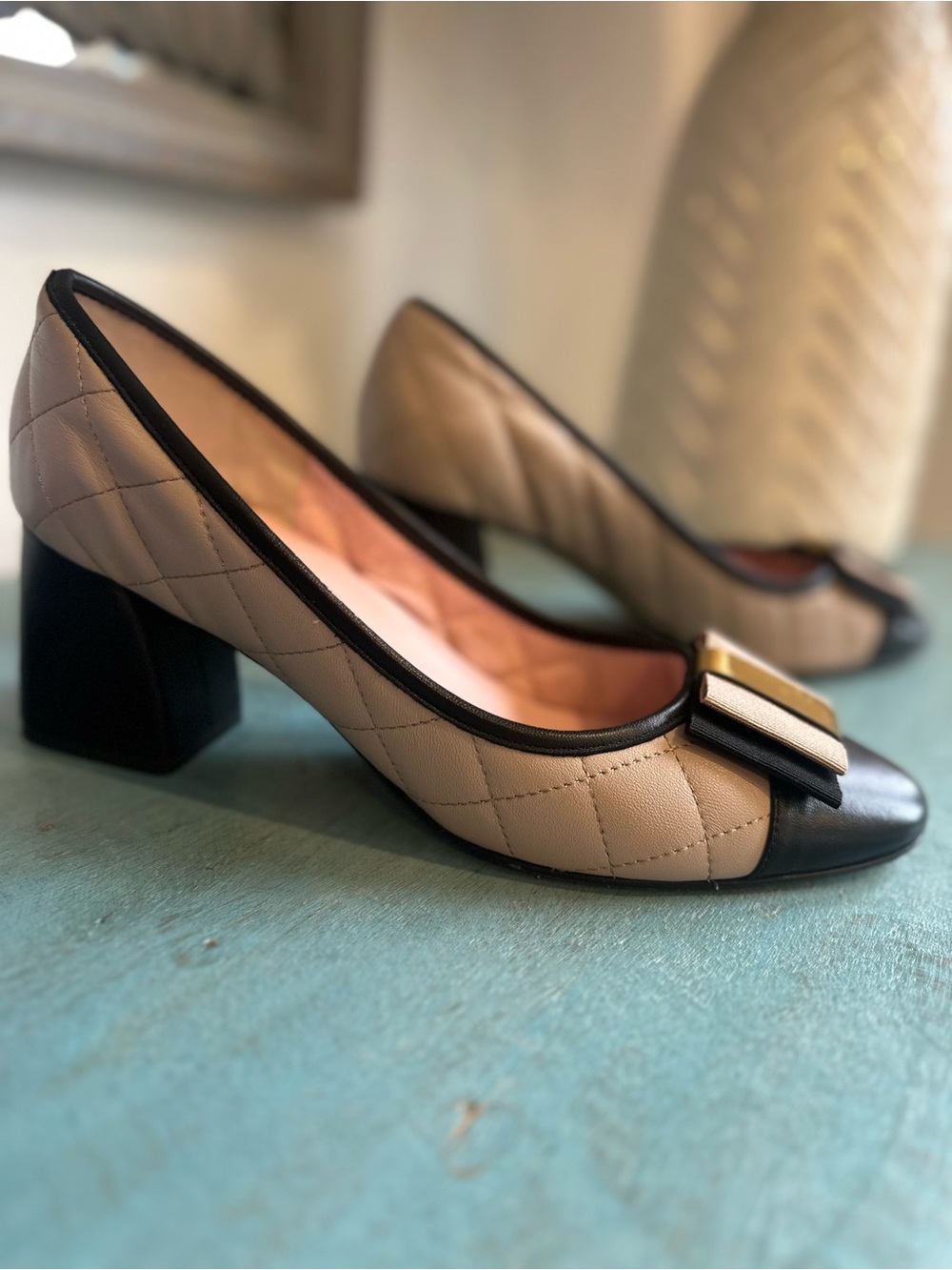 Classic Quilted Beige and Black Block Heel Pump